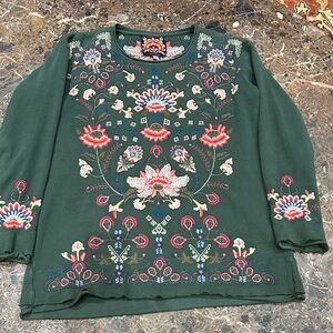 Johnny Was Green Top with Floral Embroidery